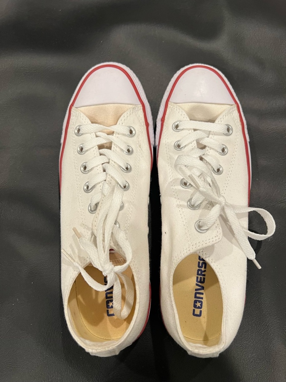 Converse White Low-Top Canvas Sneakers with Red Sole Stripe